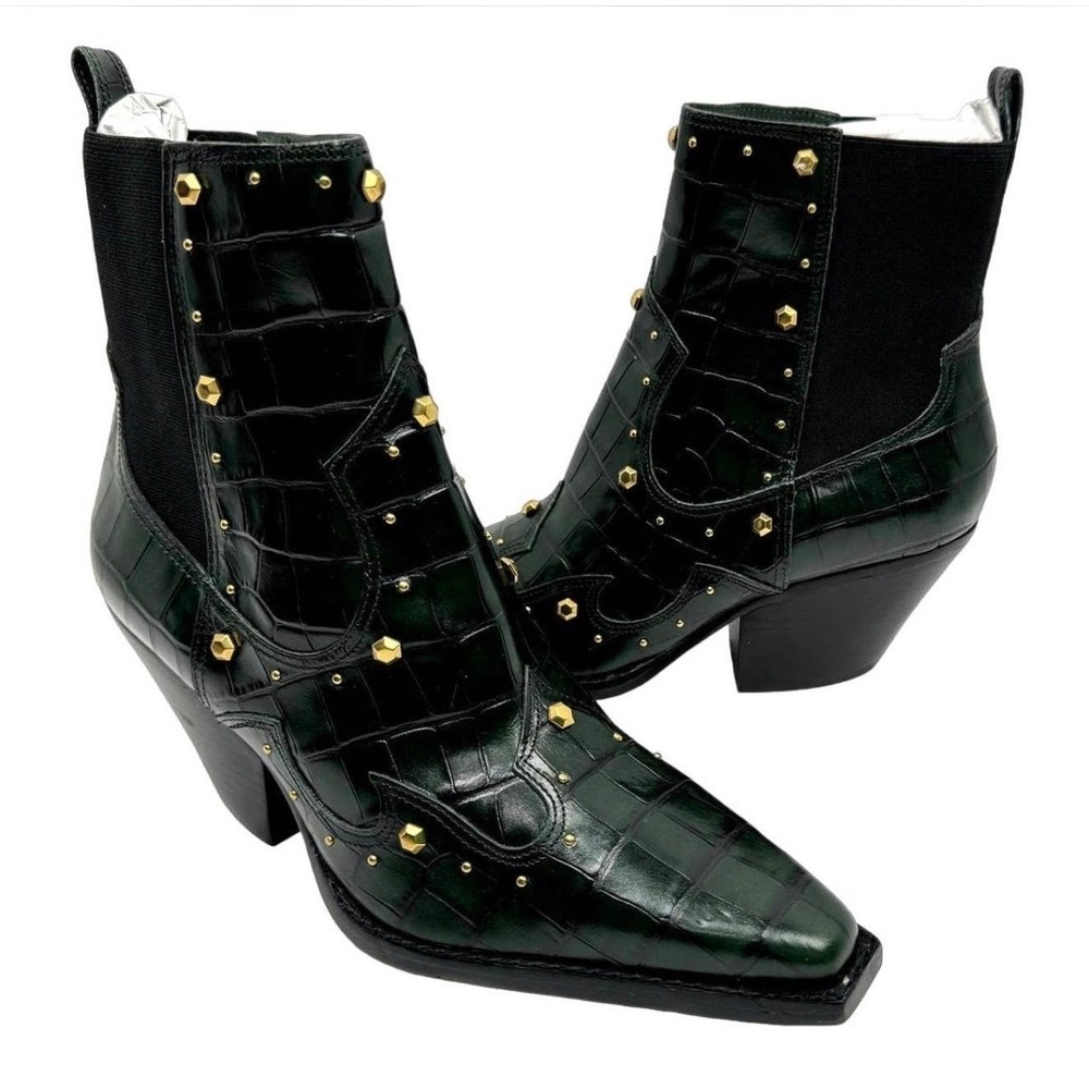 Vince Camuto Norley Ankle Boots Womens 8M Green Excellent Croc Embossed Studded